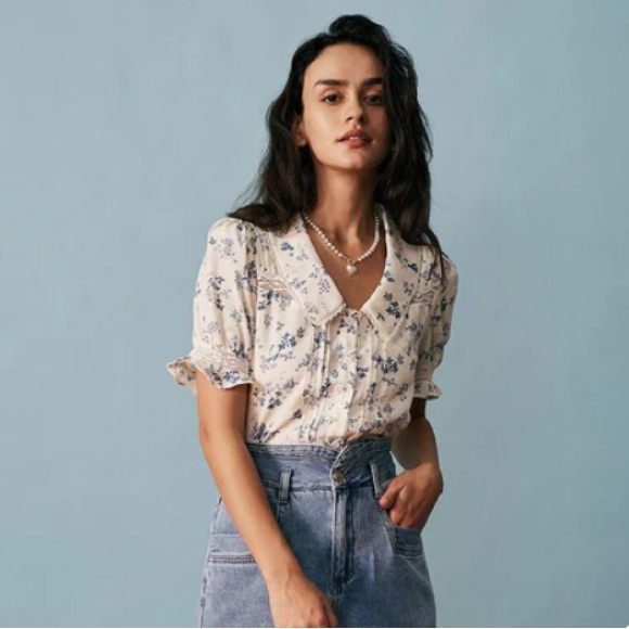 NWT Rihoas The Lace Spliced Pleated Floral Shirt size Small - Picture 2 of 11